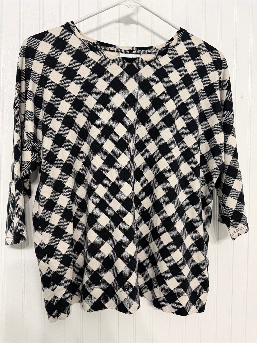 J.Jill Modal/Cotton Knit Easycare TOP Dolman 3/4 Slv Buffalo Check RoundNeck EUC